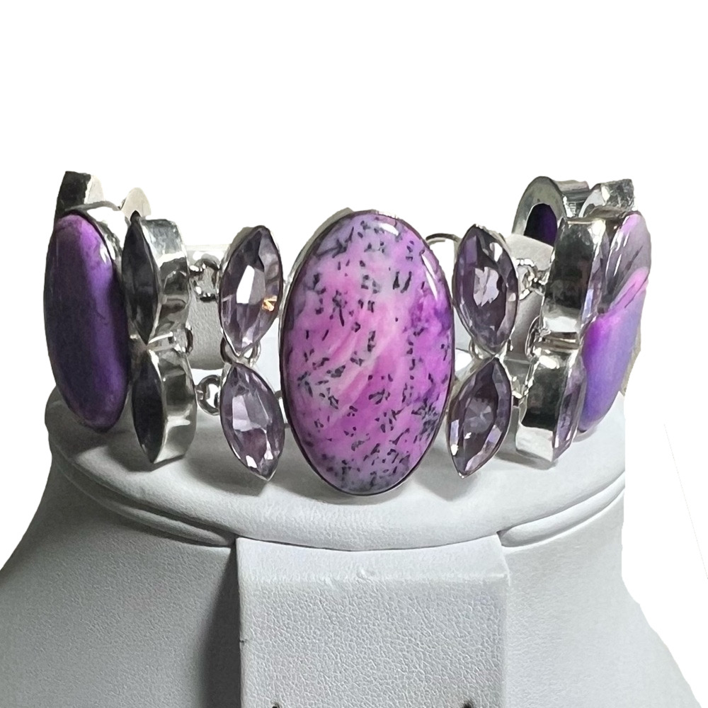 Pink Purple Dendite Opal 925 Large Gemstone Bracelet
